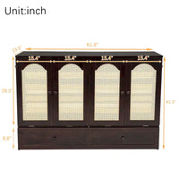 Lit escamotable Murphy en pin pliable, lit-armoire Queen, lit-armoire cube avec station d'alimentation, tiroir et panneau décoratif en rotin