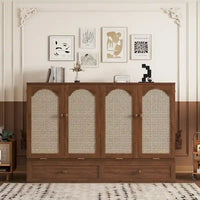 Lit escamotable Murphy en pin pliable, lit-armoire Queen, lit-armoire cube avec station d'alimentation, tiroir et panneau décoratif en rotin
