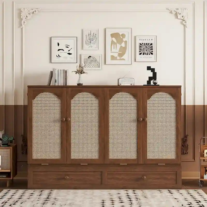 Lit escamotable Murphy en pin pliable, lit-armoire Queen, lit-armoire cube avec station d'alimentation, tiroir et panneau décoratif en rotin