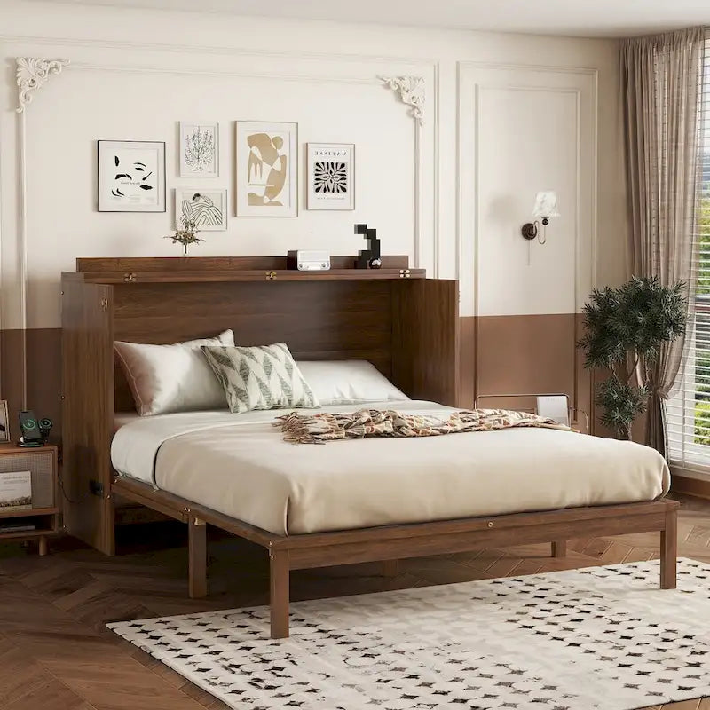 Lit escamotable Murphy en pin pliable, lit-armoire Queen, lit-armoire cube avec station d'alimentation, tiroir et panneau décoratif en rotin