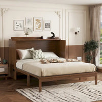 Lit escamotable Murphy en pin pliable, lit-armoire Queen, lit-armoire cube avec station d'alimentation, tiroir et panneau décoratif en rotin
