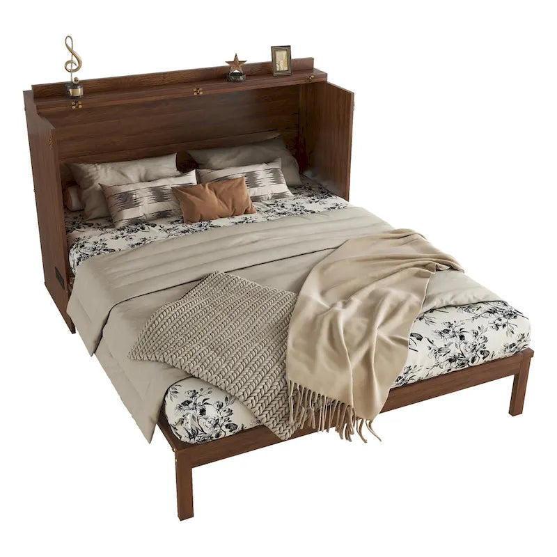Lit escamotable Murphy en pin pliable, lit-armoire Queen, lit-armoire cube avec station d'alimentation, tiroir et panneau décoratif en rotin