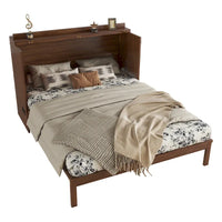 Lit escamotable Murphy en pin pliable, lit-armoire Queen, lit-armoire cube avec station d'alimentation, tiroir et panneau décoratif en rotin