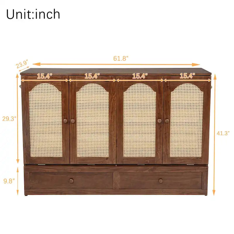 Lit escamotable Murphy en pin pliable, lit-armoire Queen, lit-armoire cube avec station d'alimentation, tiroir et panneau décoratif en rotin
