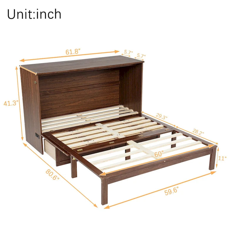 Lit escamotable Murphy en pin pliable, lit-armoire Queen, lit-armoire cube avec station d'alimentation, tiroir et panneau décoratif en rotin