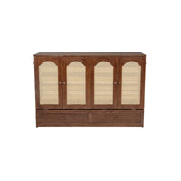 Lit escamotable Murphy en pin pliable, lit-armoire Queen, lit-armoire cube avec station d'alimentation, tiroir et panneau décoratif en rotin