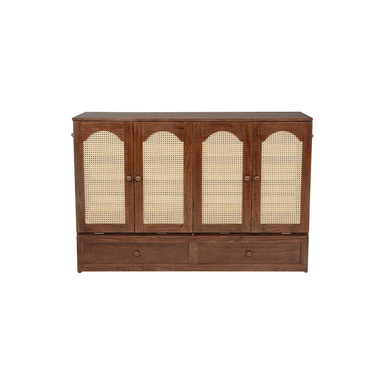 Lit escamotable Murphy en pin pliable, lit-armoire Queen, lit-armoire cube avec station d'alimentation, tiroir et panneau décoratif en rotin
