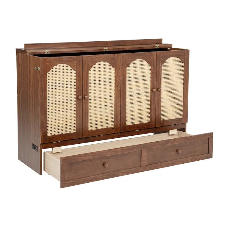 Lit escamotable Murphy en pin pliable, lit-armoire Queen, lit-armoire cube avec station d'alimentation, tiroir et panneau décoratif en rotin