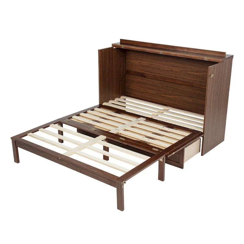 Lit escamotable Murphy en pin pliable, lit-armoire Queen, lit-armoire cube avec station d'alimentation, tiroir et panneau décoratif en rotin
