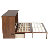Lit escamotable Murphy en pin pliable, lit-armoire Queen, lit-armoire cube avec station d'alimentation, tiroir et panneau décoratif en rotin