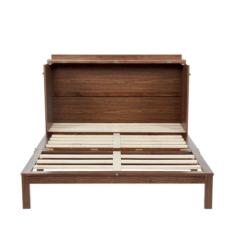 Lit escamotable Murphy en pin pliable, lit-armoire Queen, lit-armoire cube avec station d'alimentation, tiroir et panneau décoratif en rotin