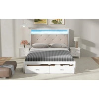Lit plateforme Queen Size en bois avec tête de lit capitonnée, LED et 2 tiroirs