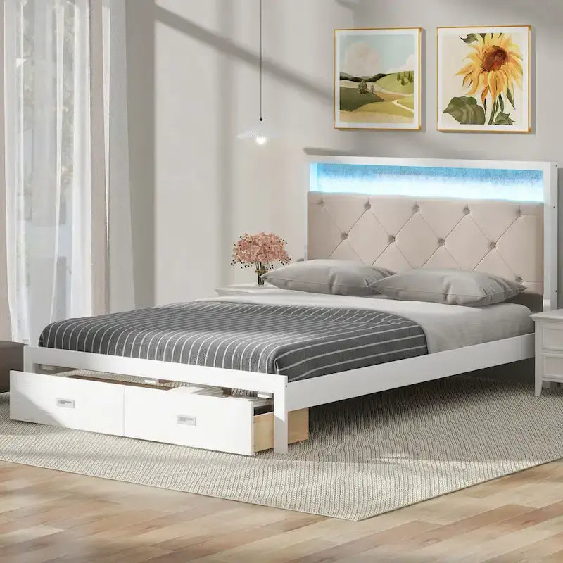 Lit plateforme Queen Size en bois avec tête de lit capitonnée, LED et 2 tiroirs