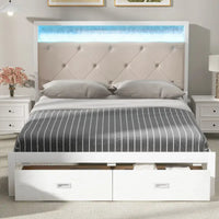 Lit plateforme Queen Size en bois avec tête de lit capitonnée, LED et 2 tiroirs