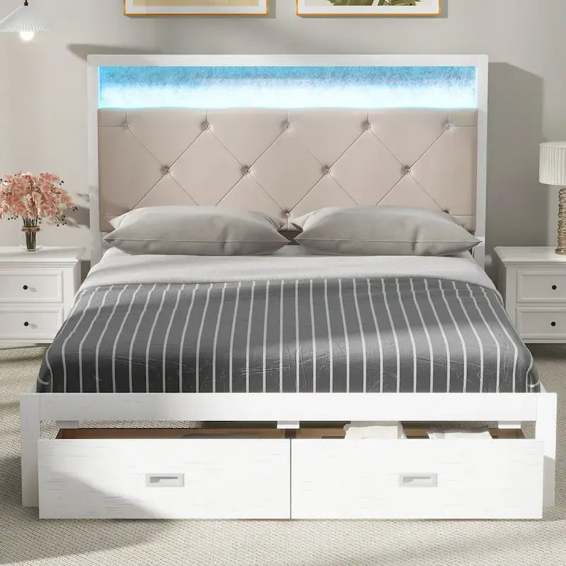 Lit plateforme Queen Size en bois avec tête de lit capitonnée, LED et 2 tiroirs