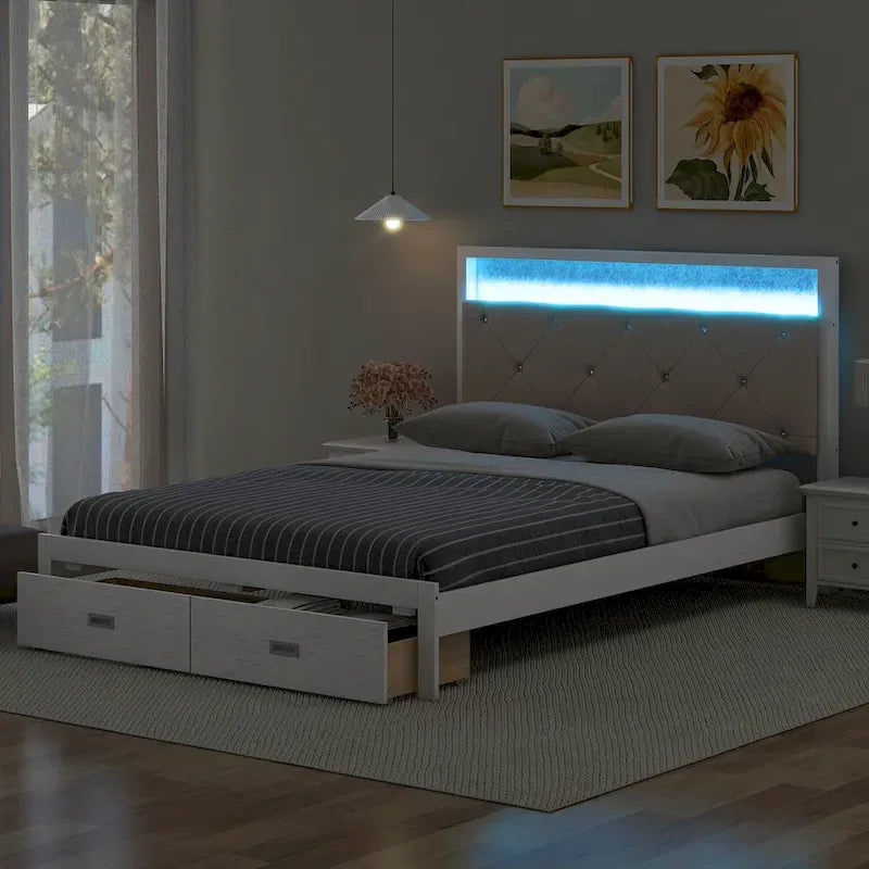 Lit plateforme Queen Size en bois avec tête de lit capitonnée, LED et 2 tiroirs