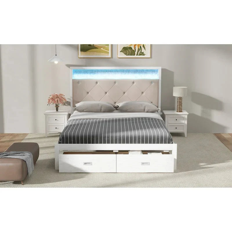 Lit plateforme Queen Size en bois avec tête de lit capitonnée, LED et 2 tiroirs