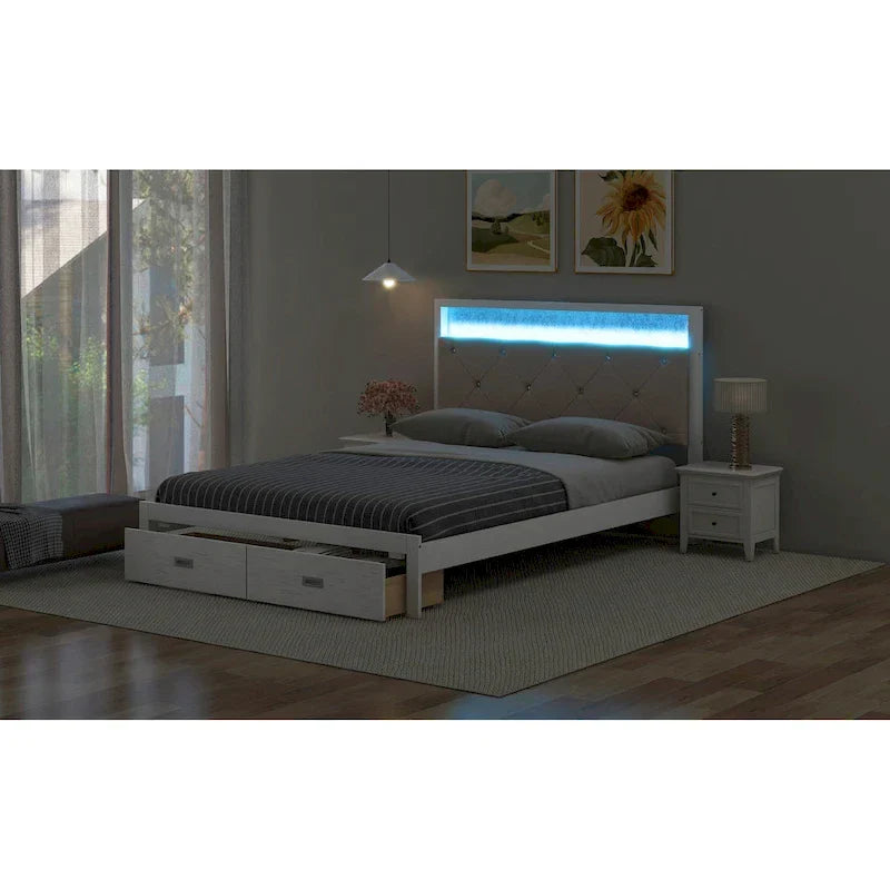 Lit plateforme Queen Size en bois avec tête de lit capitonnée, LED et 2 tiroirs