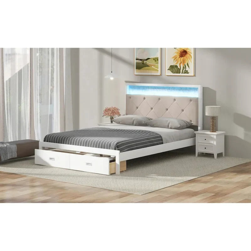 Lit plateforme Queen Size en bois avec tête de lit capitonnée, LED et 2 tiroirs