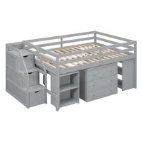 Lit mezzanine double avec bureau rétractable et 3 tiroirs, lit mezzanine en bois avec escalier de rangement et étagères