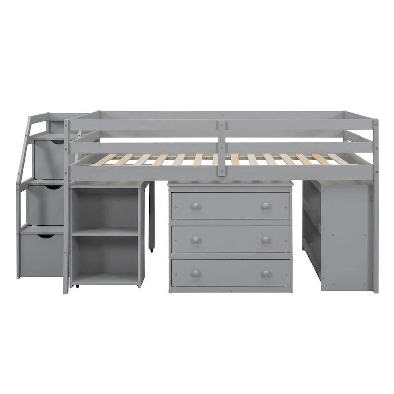 Lit mezzanine double avec bureau rétractable et 3 tiroirs, lit mezzanine en bois avec escalier de rangement et étagères