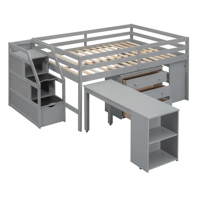 Lit mezzanine double avec bureau rétractable et 3 tiroirs, lit mezzanine en bois avec escalier de rangement et étagères