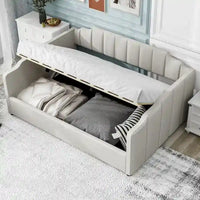 Lit de repos à cadre tapissé avec rangement relevable et garde-corps irrégulier, canapé-lit double pour chambre à coucher ou salon