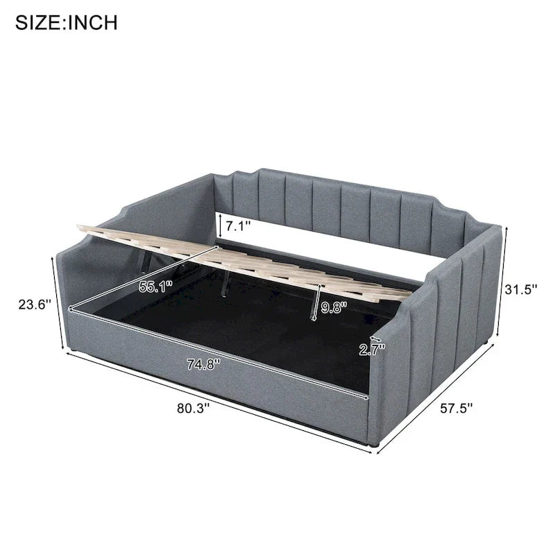 Lit de repos à cadre tapissé avec rangement relevable et garde-corps irrégulier, canapé-lit double pour chambre à coucher ou salon