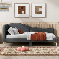 Lit de jour méridienne latérale rembourré avec garde-corps et tête de lit à bordure de clous incurvée, lit plateforme canapé-lit fauteuil inclinable