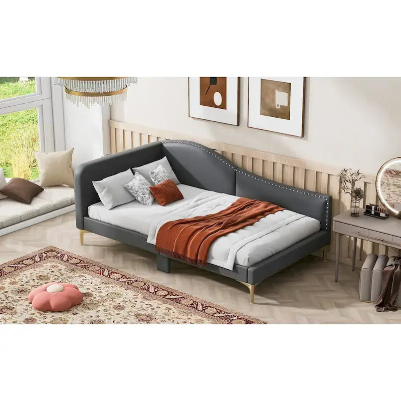 Lit de jour méridienne latérale rembourré avec garde-corps et tête de lit à bordure de clous incurvée, lit plateforme canapé-lit fauteuil inclinable