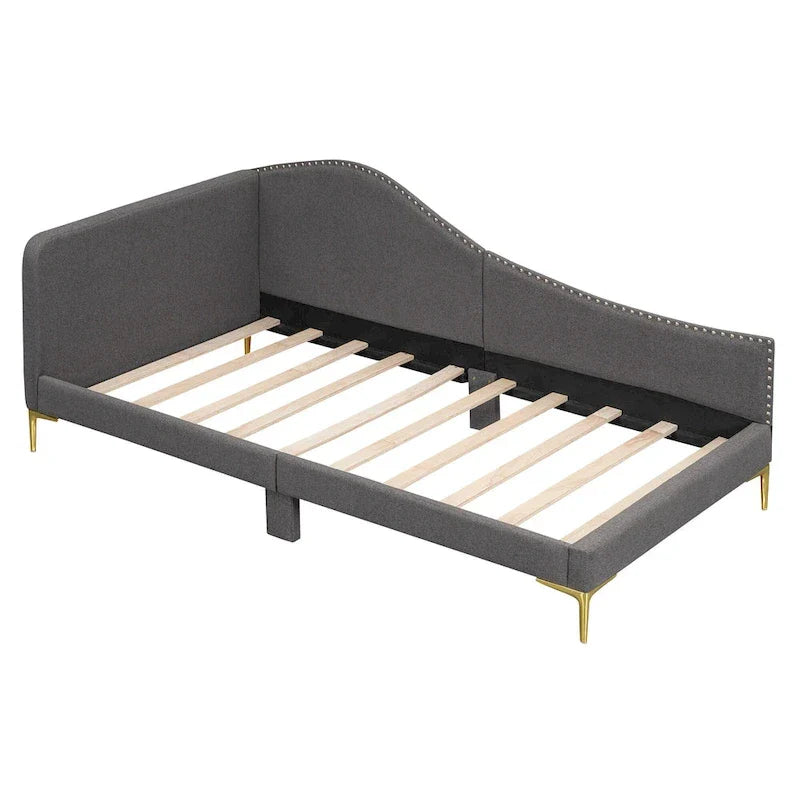 Lit de jour méridienne latérale rembourré avec garde-corps et tête de lit à bordure de clous incurvée, lit plateforme canapé-lit fauteuil inclinable