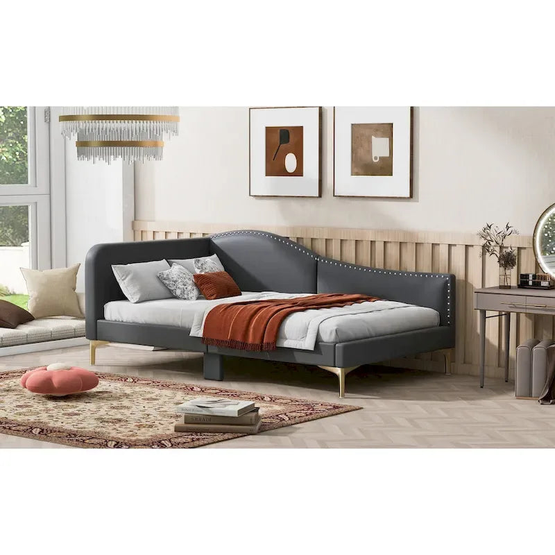 Lit de jour méridienne latérale rembourré avec garde-corps et tête de lit à bordure de clous incurvée, lit plateforme canapé-lit fauteuil inclinable