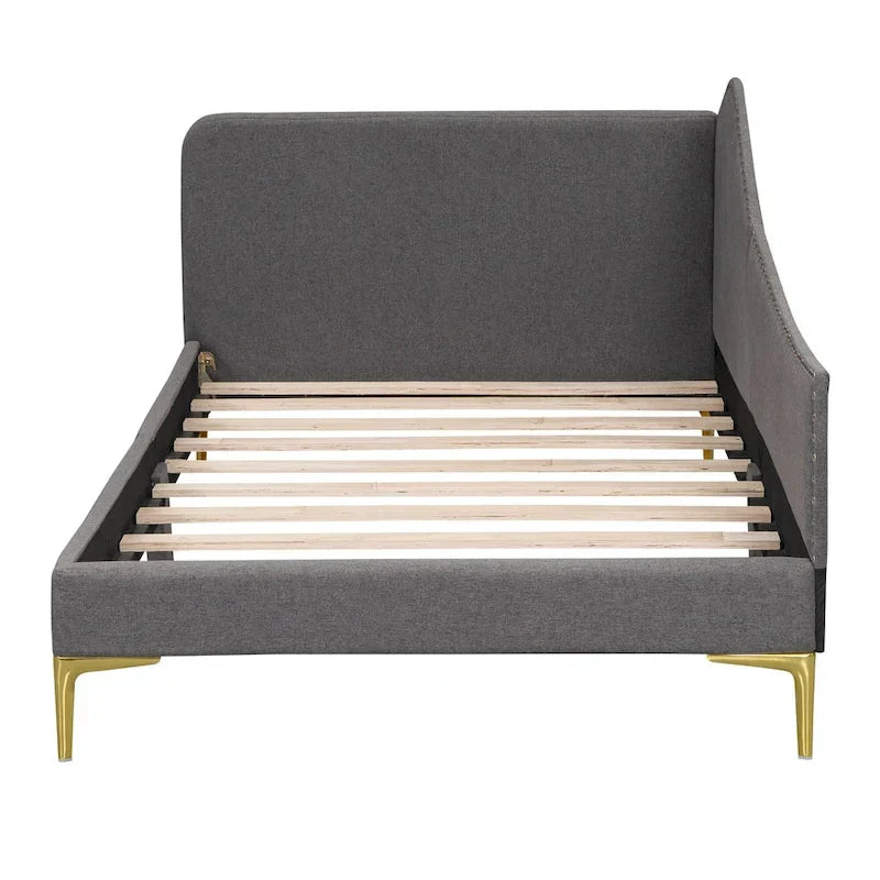 Lit de jour méridienne latérale rembourré avec garde-corps et tête de lit à bordure de clous incurvée, lit plateforme canapé-lit fauteuil inclinable