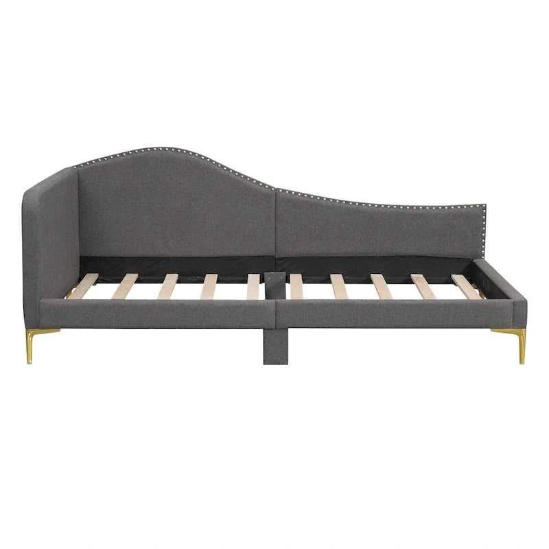 Lit de jour méridienne latérale rembourré avec garde-corps et tête de lit à bordure de clous incurvée, lit plateforme canapé-lit fauteuil inclinable