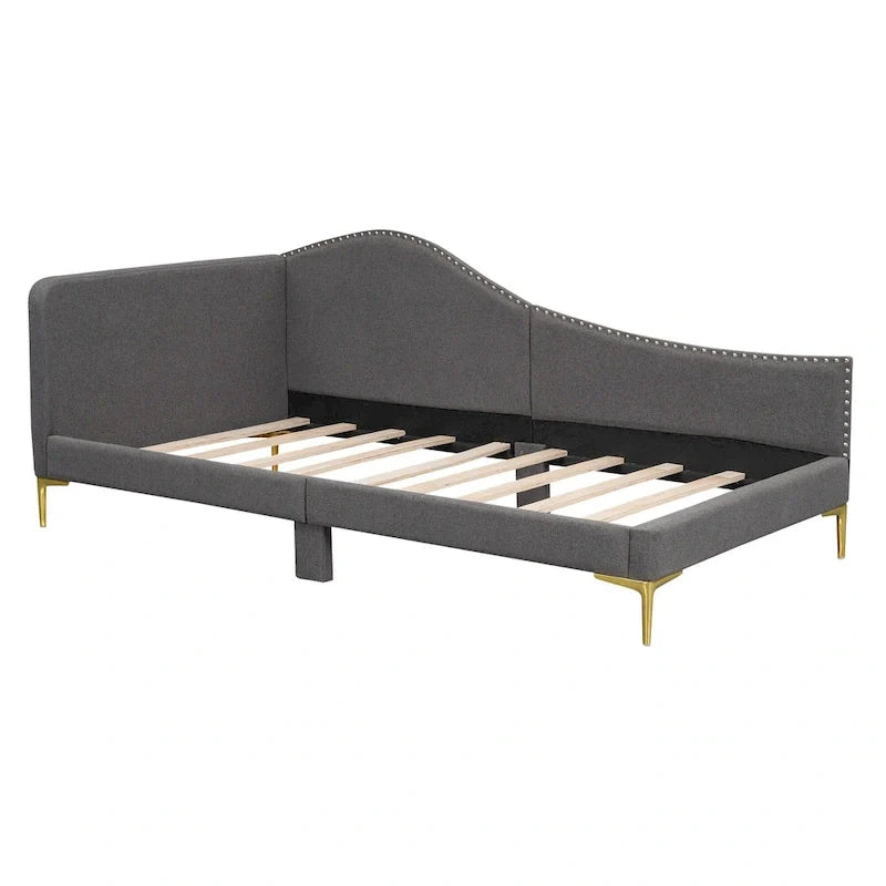 Lit de jour méridienne latérale rembourré avec garde-corps et tête de lit à bordure de clous incurvée, lit plateforme canapé-lit fauteuil inclinable