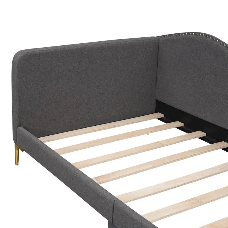 Lit de jour méridienne latérale rembourré avec garde-corps et tête de lit à bordure de clous incurvée, lit plateforme canapé-lit fauteuil inclinable