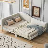Lit de jour méridienne latérale rembourré avec garde-corps et tête de lit à bordure de clous incurvée, lit plateforme canapé-lit fauteuil inclinable