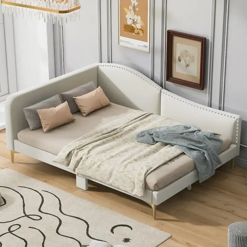Lit de jour méridienne latérale rembourré avec garde-corps et tête de lit à bordure de clous incurvée, lit plateforme canapé-lit fauteuil inclinable