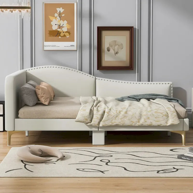 Lit de jour méridienne latérale rembourré avec garde-corps et tête de lit à bordure de clous incurvée, lit plateforme canapé-lit fauteuil inclinable