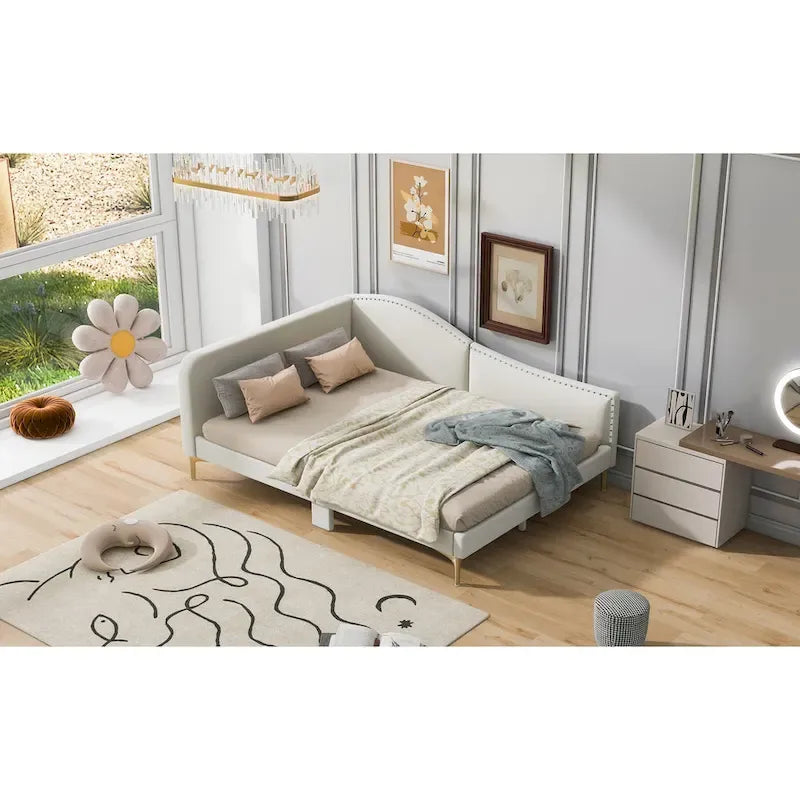 Lit de jour méridienne latérale rembourré avec garde-corps et tête de lit à bordure de clous incurvée, lit plateforme canapé-lit fauteuil inclinable