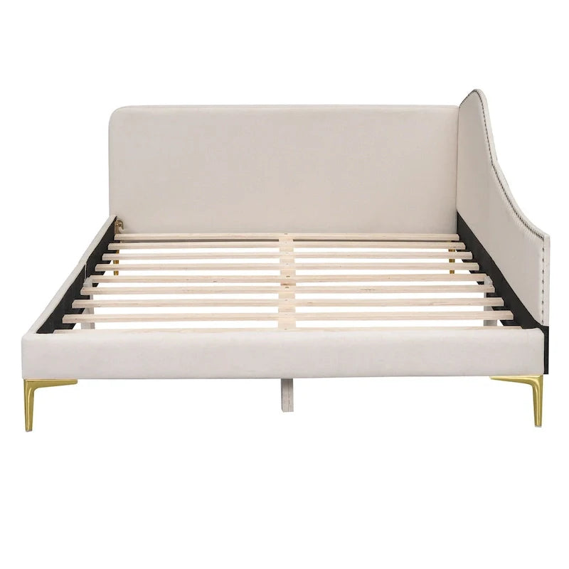 Lit de jour méridienne latérale rembourré avec garde-corps et tête de lit à bordure de clous incurvée, lit plateforme canapé-lit fauteuil inclinable