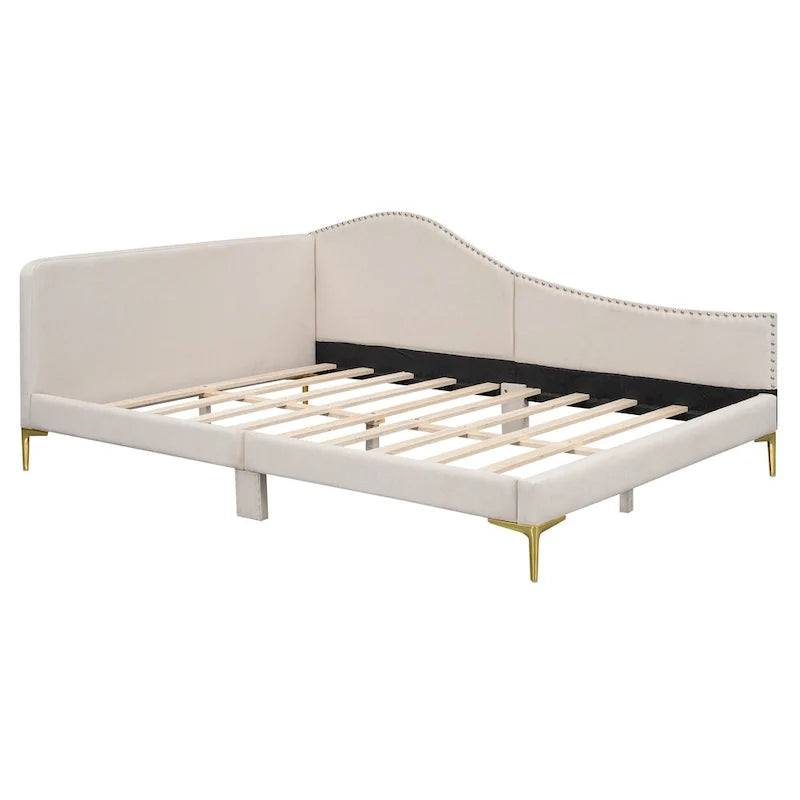 Lit de jour méridienne latérale rembourré avec garde-corps et tête de lit à bordure de clous incurvée, lit plateforme canapé-lit fauteuil inclinable