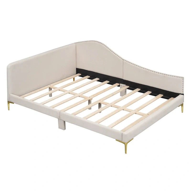 Lit de jour méridienne latérale rembourré avec garde-corps et tête de lit à bordure de clous incurvée, lit plateforme canapé-lit fauteuil inclinable