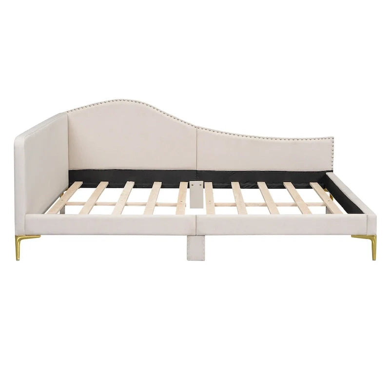 Lit de jour méridienne latérale rembourré avec garde-corps et tête de lit à bordure de clous incurvée, lit plateforme canapé-lit fauteuil inclinable