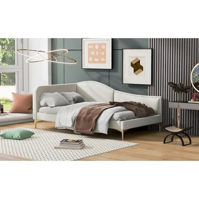 Lit de jour méridienne latérale rembourré avec garde-corps et tête de lit à bordure de clous incurvée, lit plateforme canapé-lit fauteuil inclinable