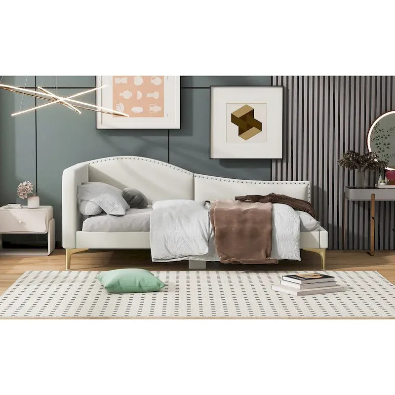 Lit de jour méridienne latérale rembourré avec garde-corps et tête de lit à bordure de clous incurvée, lit plateforme canapé-lit fauteuil inclinable