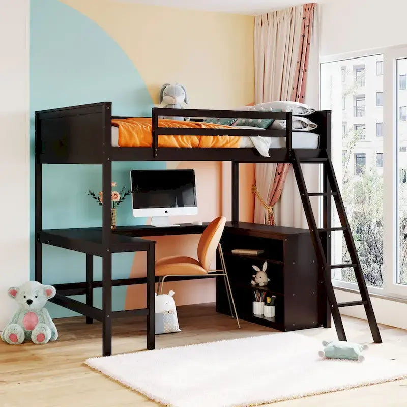 Lit mezzanine pleine grandeur avec étagères et bureau, lit mezzanine en bois avec bureau