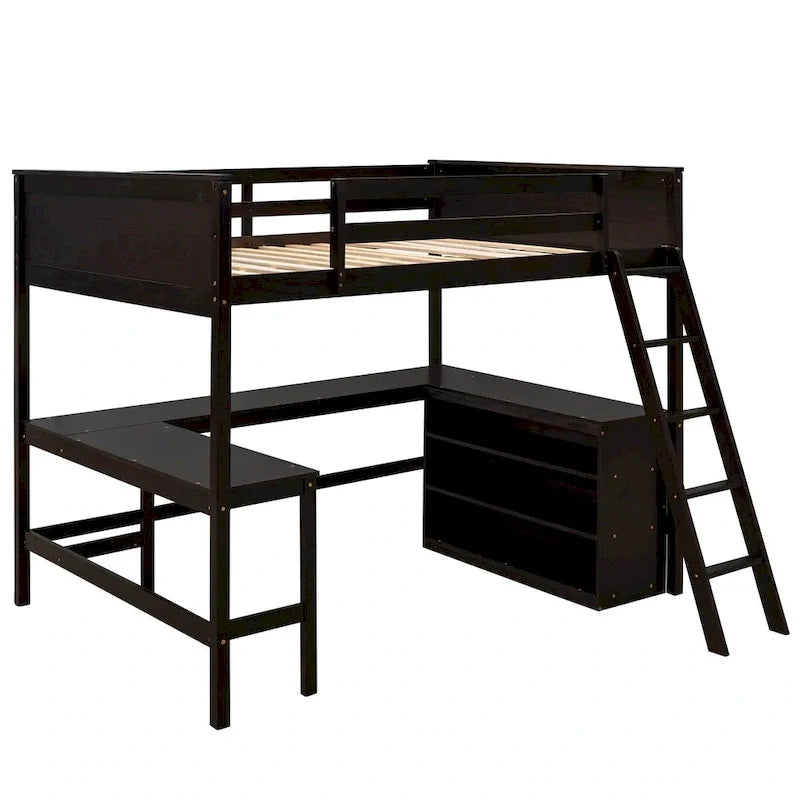 Lit mezzanine pleine grandeur avec étagères et bureau, lit mezzanine en bois avec bureau