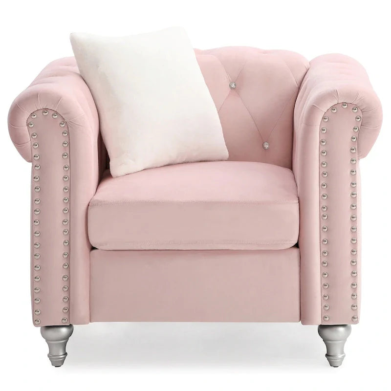 Fauteuil d'appoint en velours touffeté uni avec coussin décoratif - 38 - Rose