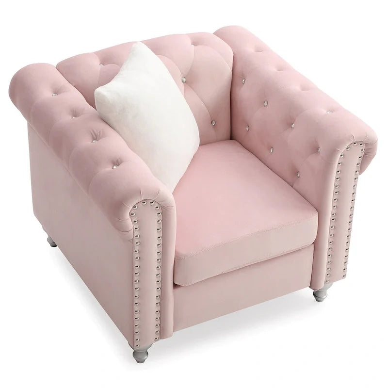 Fauteuil d'appoint en velours touffeté uni avec coussin décoratif - 38 - Rose